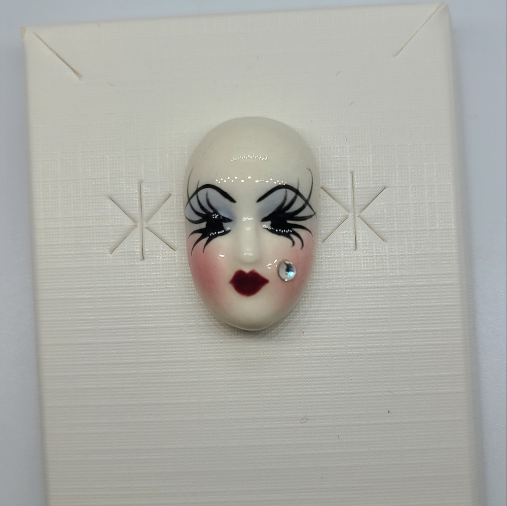 Vintage Fancy Faces Brooch Pin Handpainted Porcelain Mask Wink with Rhinestone